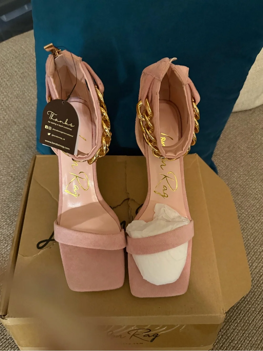NEW! London Rag Pink Suede Heeled Sandals with Gold Chain Ankle